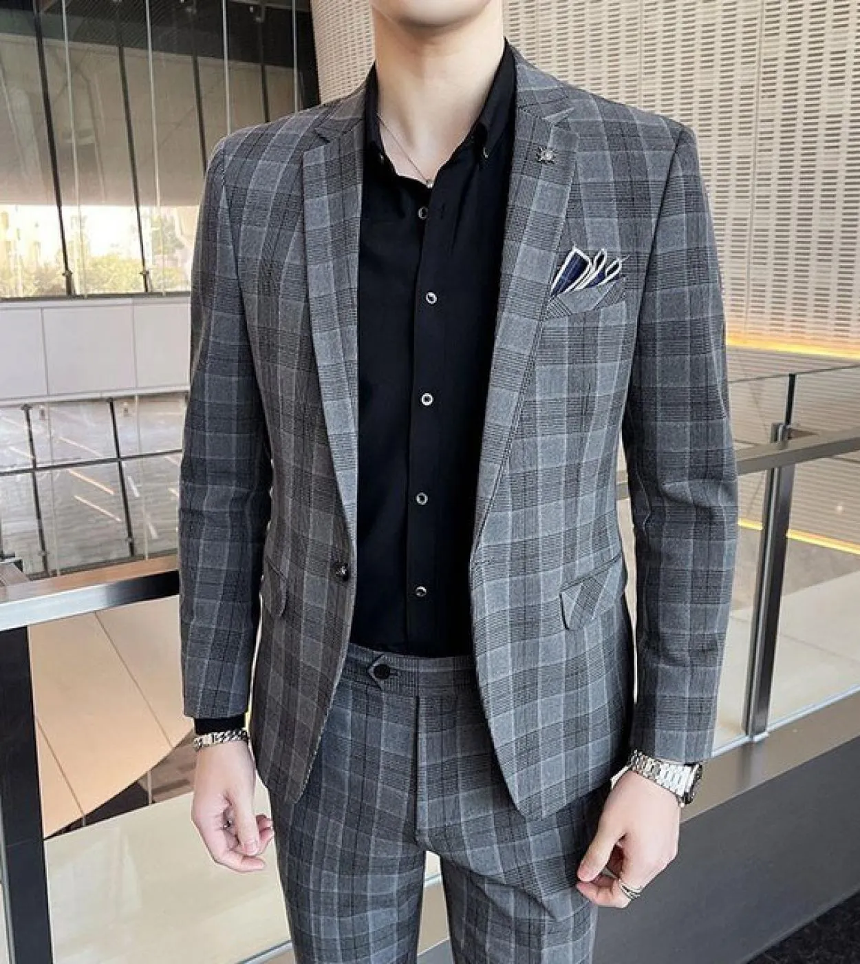 2 pezzi set blazer pantaloni giacca  2022 moda nuovi uomini casual boutique business reticolo abito da sposa slim pantaloni cap