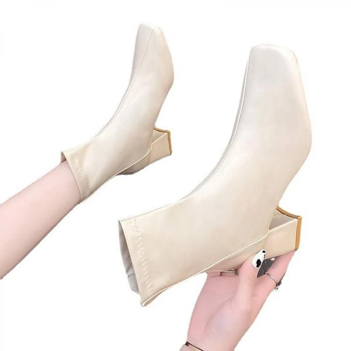 2022 nuove donne autunno stivaletti moda femminile tacchi medi spessi elegante signora bianco nero albicocca punta quadrata scar