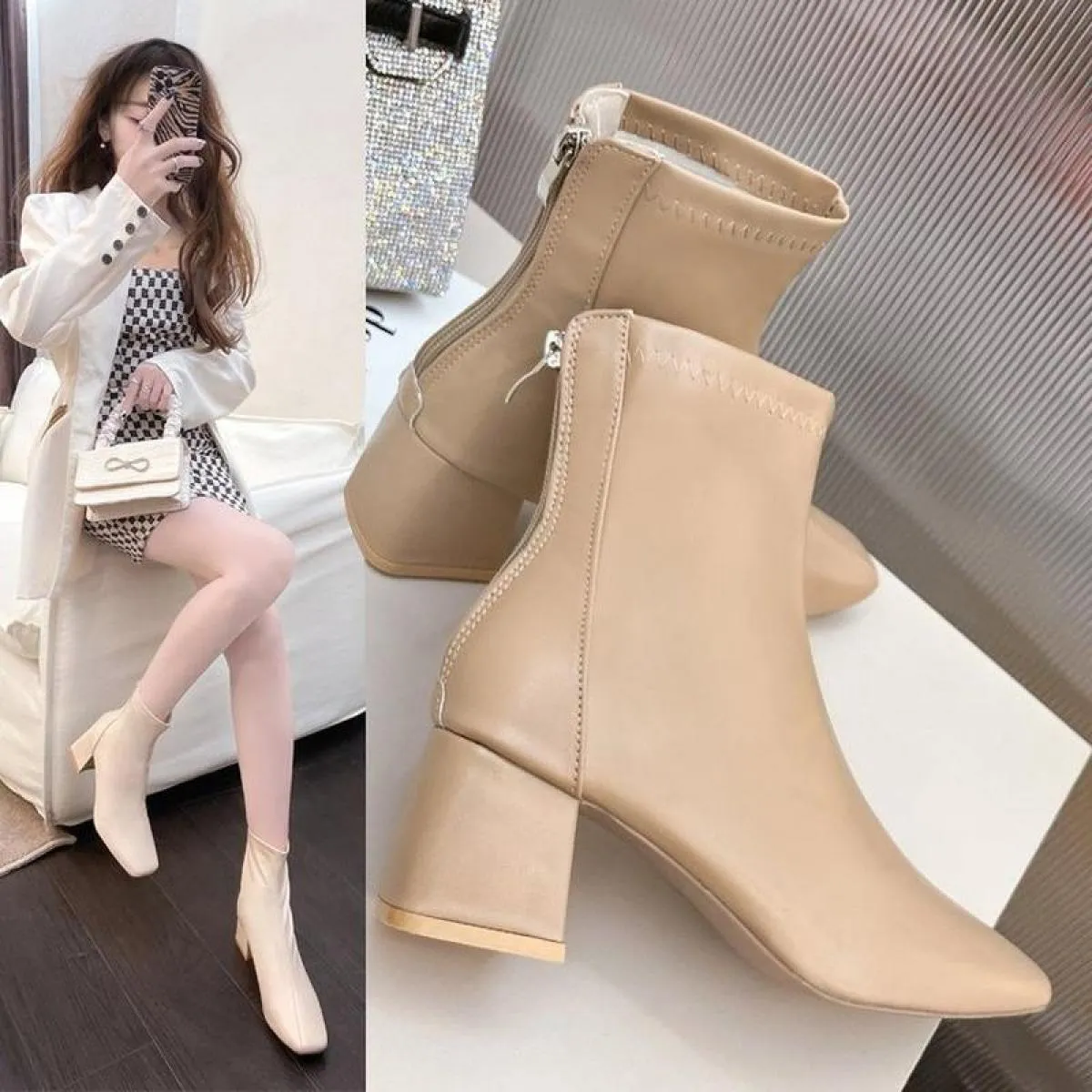 2022 nuove donne autunno stivaletti moda femminile tacchi medi spessi elegante signora bianco nero albicocca punta quadrata scar