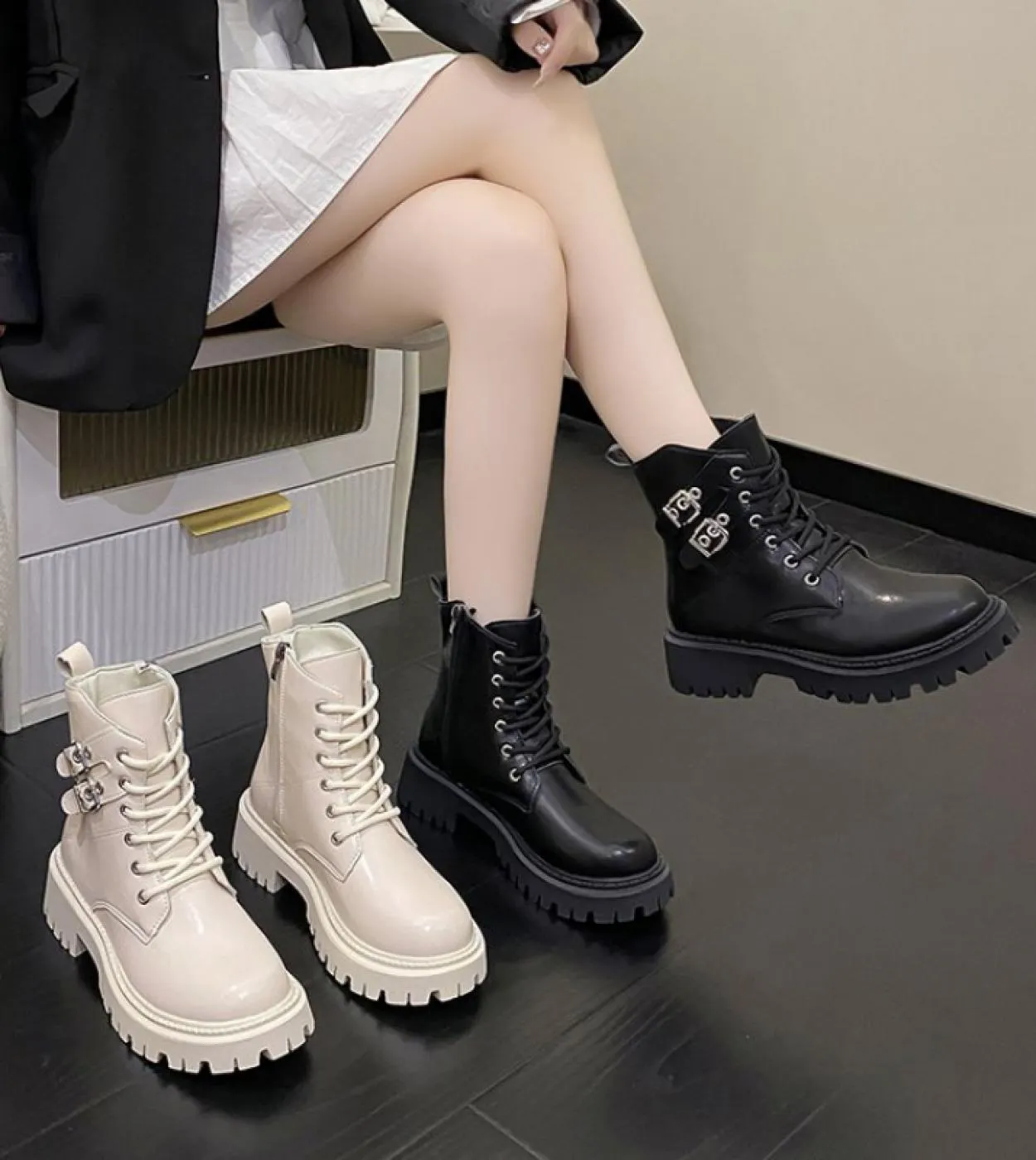 2022 Nuove Donne Stivaletti Autunno Inverno Donna Stile Britannico Laceup Martin Stivali Delle Signore Della Chiusura Lampo Bota
