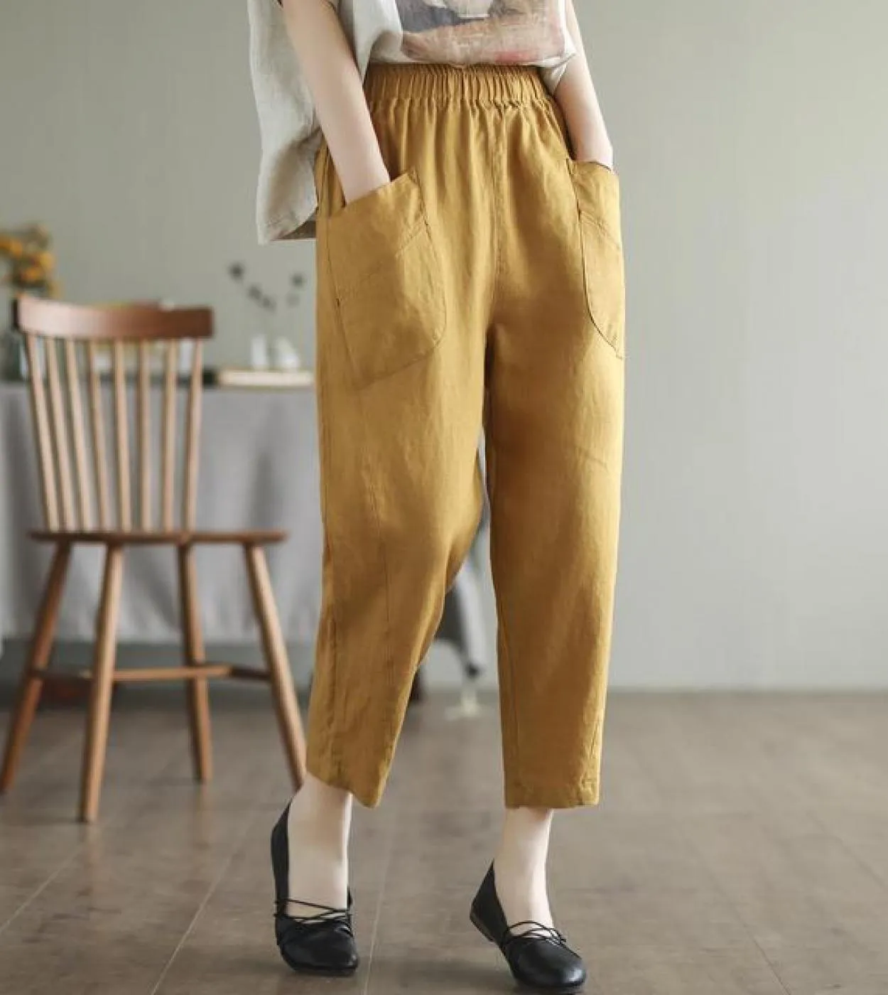 2022 Primavera Estate New Arts Style Donna Vita elastica Pantaloni larghi alla caviglia Doppia tasca Cotone solido Lino Harem Pa