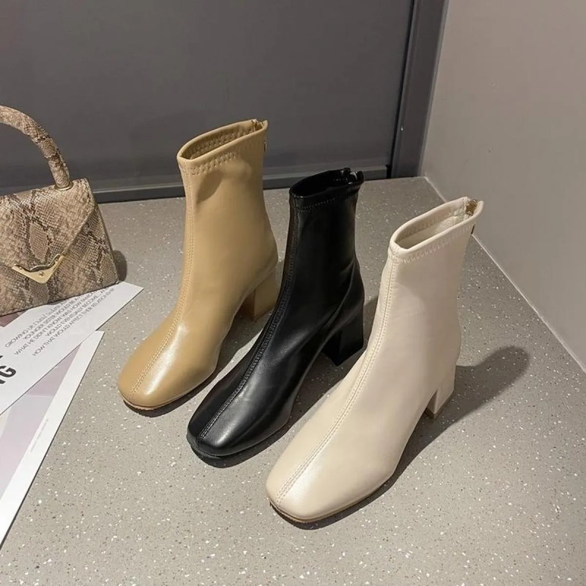 2022 stivali invernali da donna cerniere punta quadrata stivaletti alla caviglia moda pelle morbida primavera autunno scarpe da