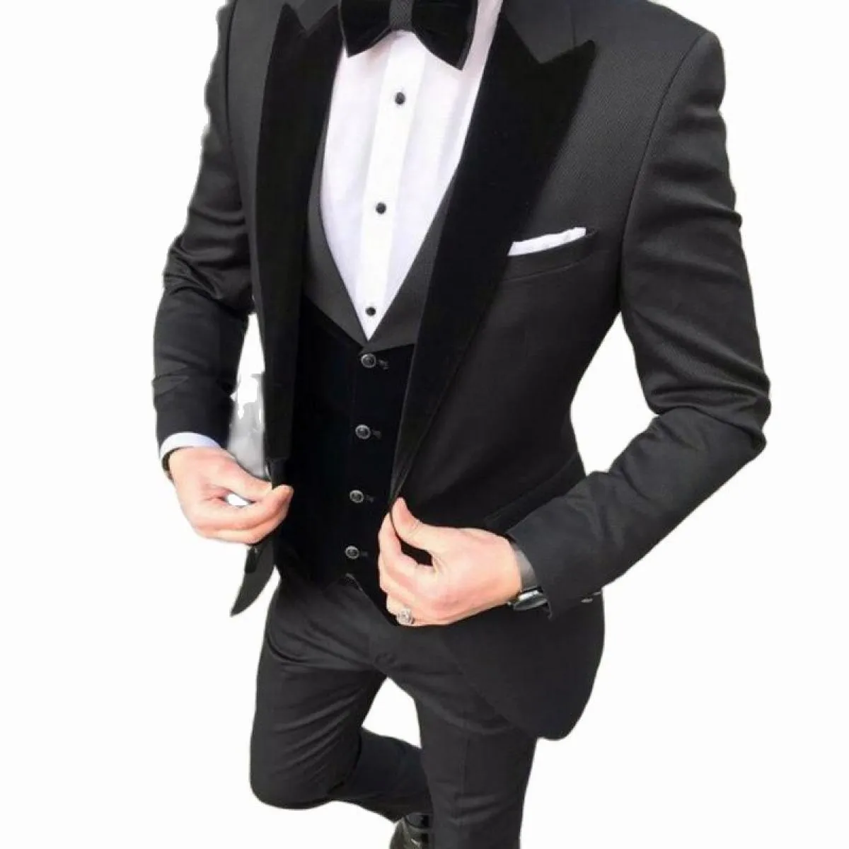 Abiti da uomo slim fit per il ballo di fine anno con set di blazer neri Smoking dello sposo 3 pezzi Set formale maschile giacca