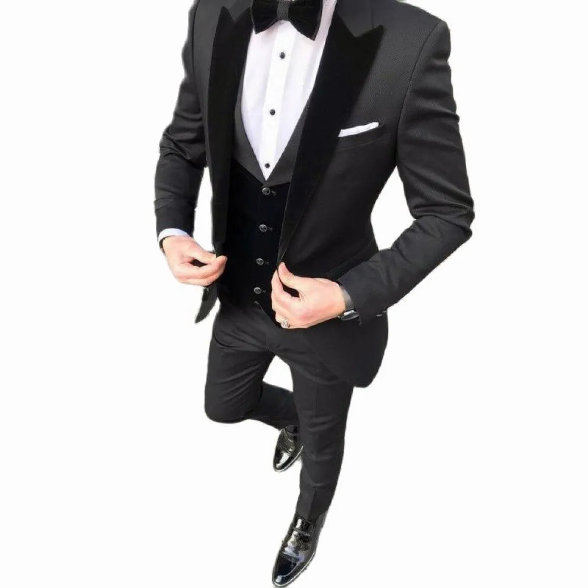 Abiti da uomo slim fit per il ballo di fine anno con set di blazer neri Smoking dello sposo 3 pezzi Set formale maschile giacca
