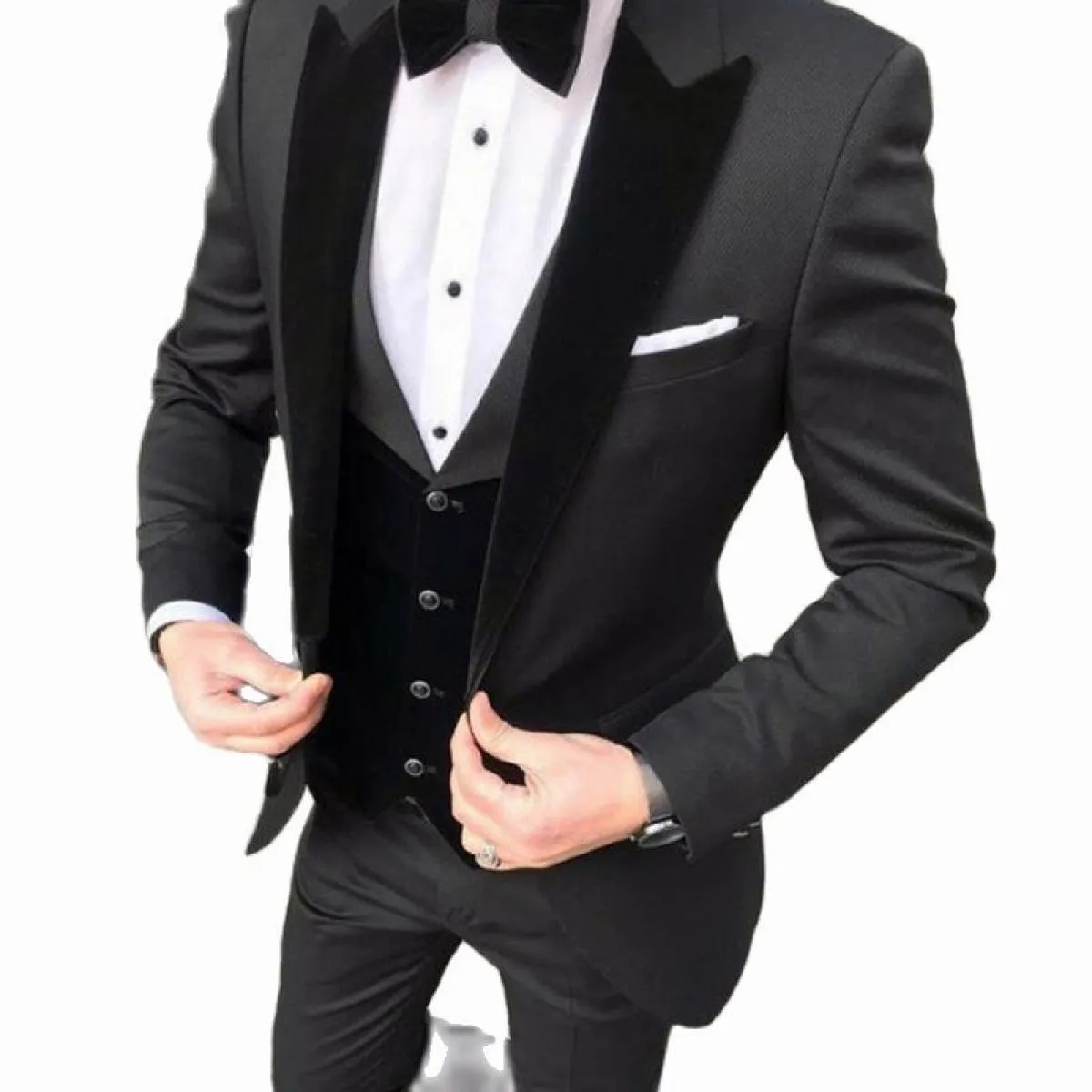 Abiti da uomo slim fit per il ballo di fine anno con set di blazer neri Smoking dello sposo 3 pezzi Set formale maschile giacca