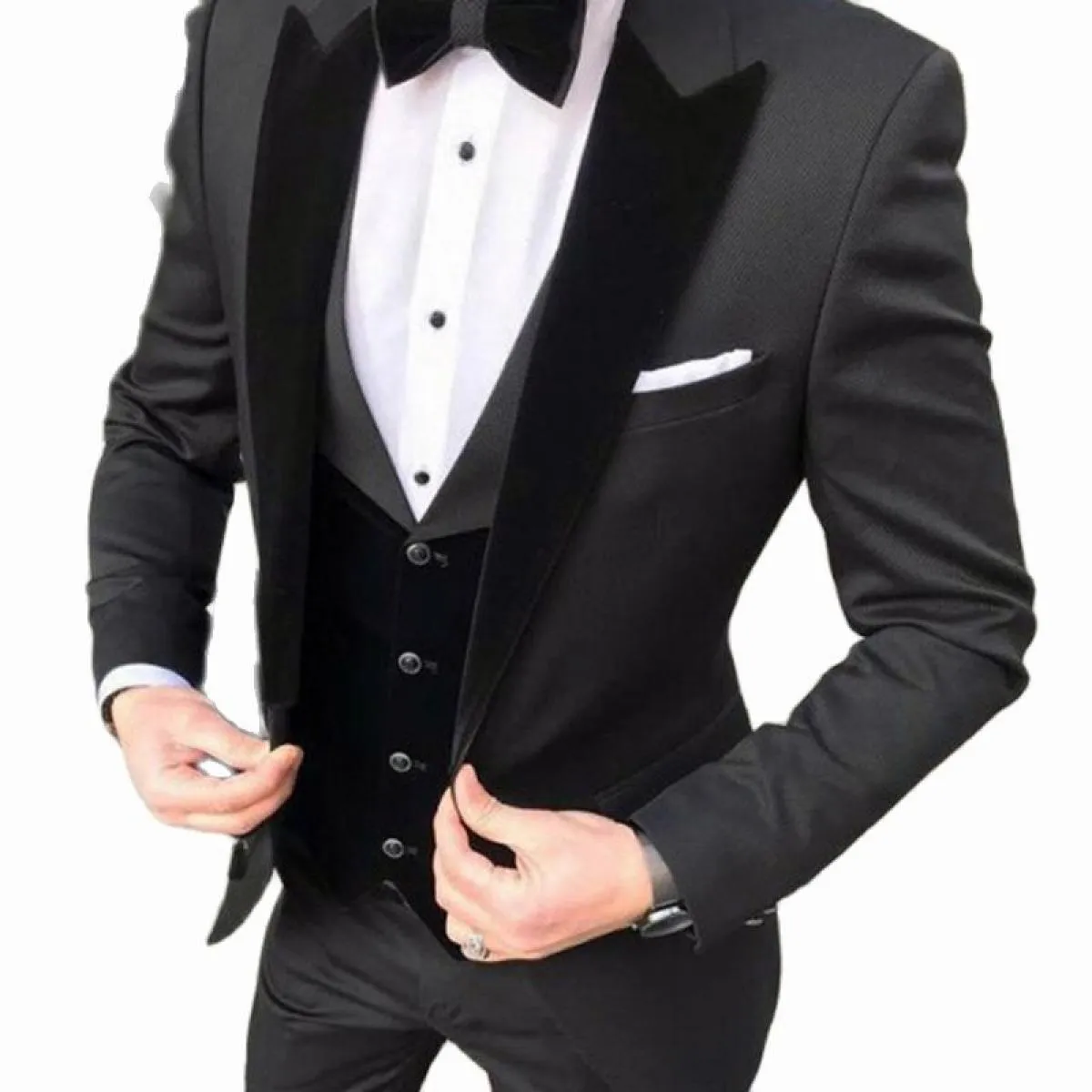 Abiti da uomo slim fit per il ballo di fine anno con set di blazer neri Smoking dello sposo 3 pezzi Set formale maschile giacca