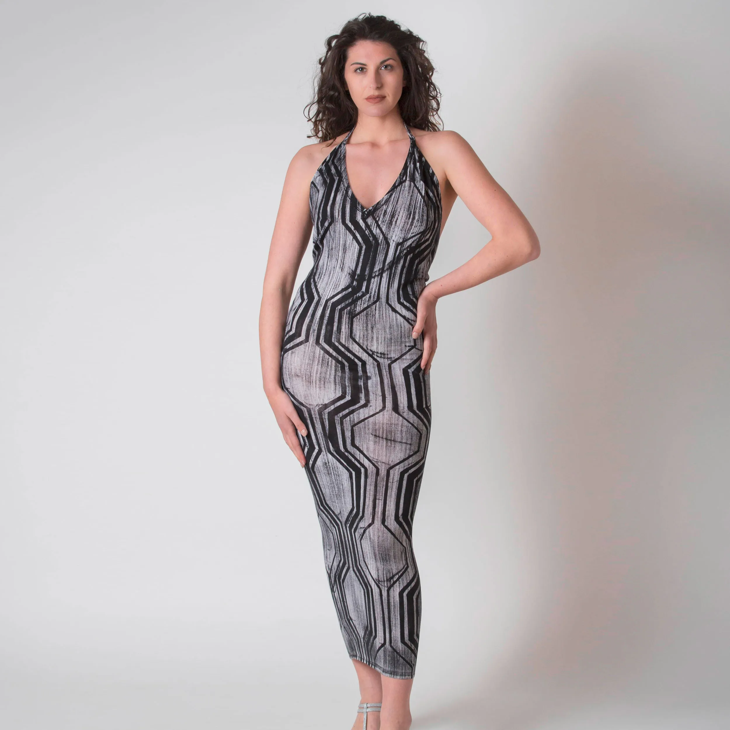 Abito Lungo in Cashmere e Seta Geometrico