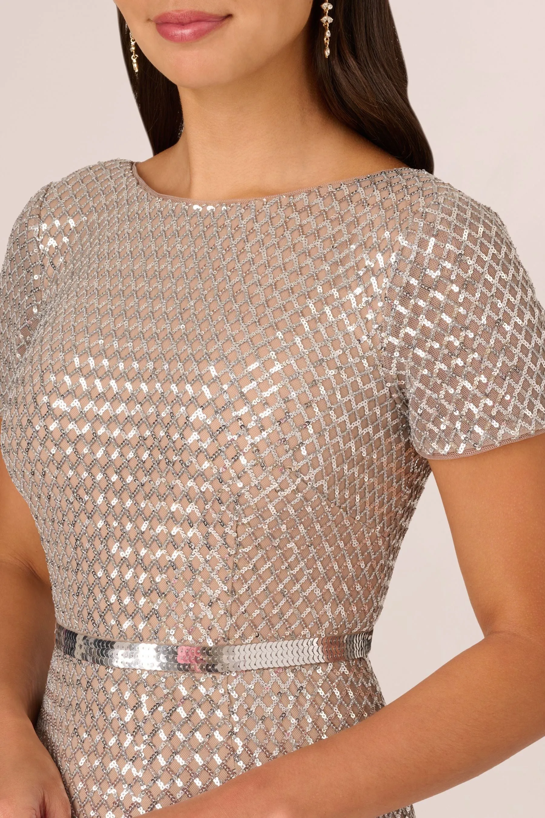 Adrianna Papell Argento - Abito da sera con Paillettes colonna