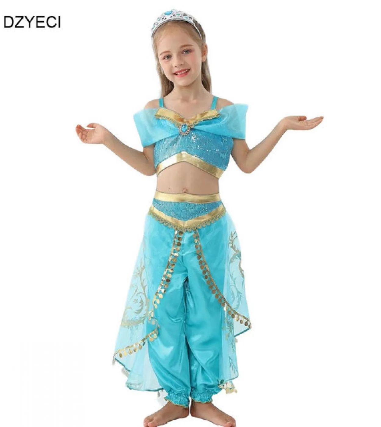 Aladdin Jasmine Beach Dress For Little Girl Costume Summer Kid Prom Toplace Pant Outfit Festive Children Cosplay Party