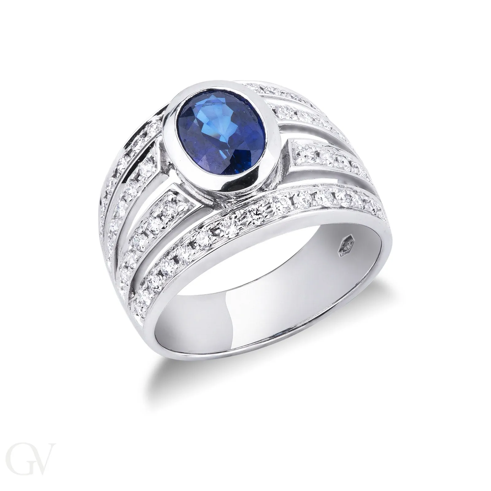 Anello Fascia multipla in Oro bianco 18k con Zaffiro blu e Diamanti