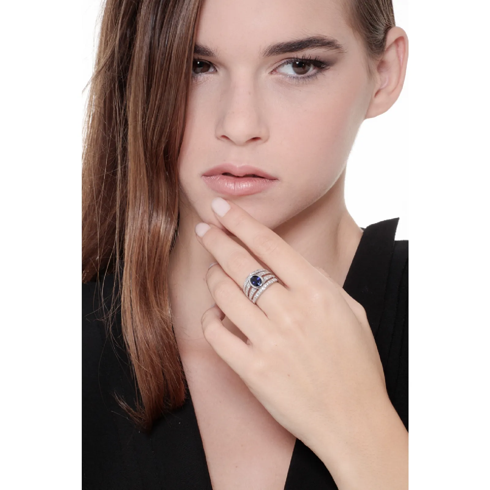 Anello Fascia multipla in Oro bianco 18k con Zaffiro blu e Diamanti