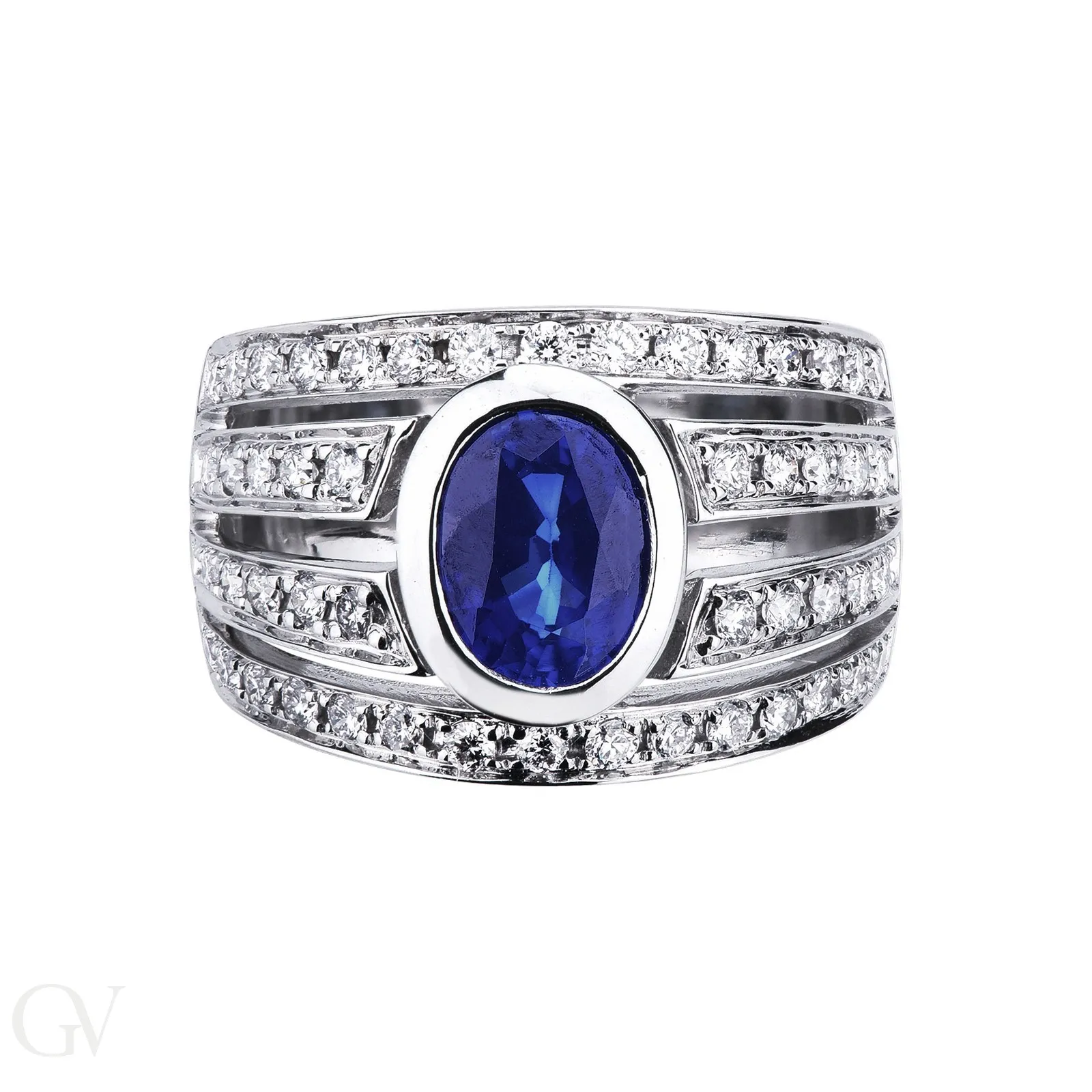 Anello Fascia multipla in Oro bianco 18k con Zaffiro blu e Diamanti