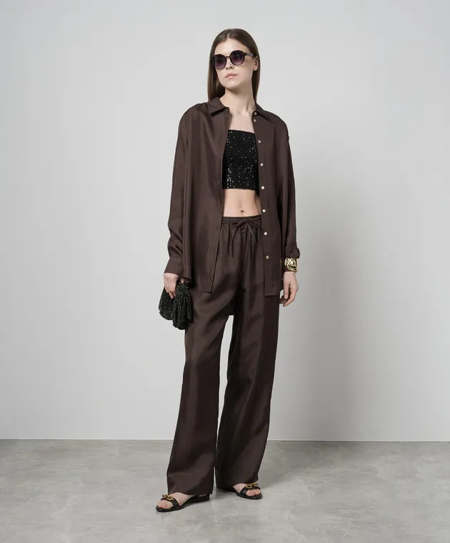 Asceno Camicia pigiama in seta marrone ESPRESSO T001F03C397