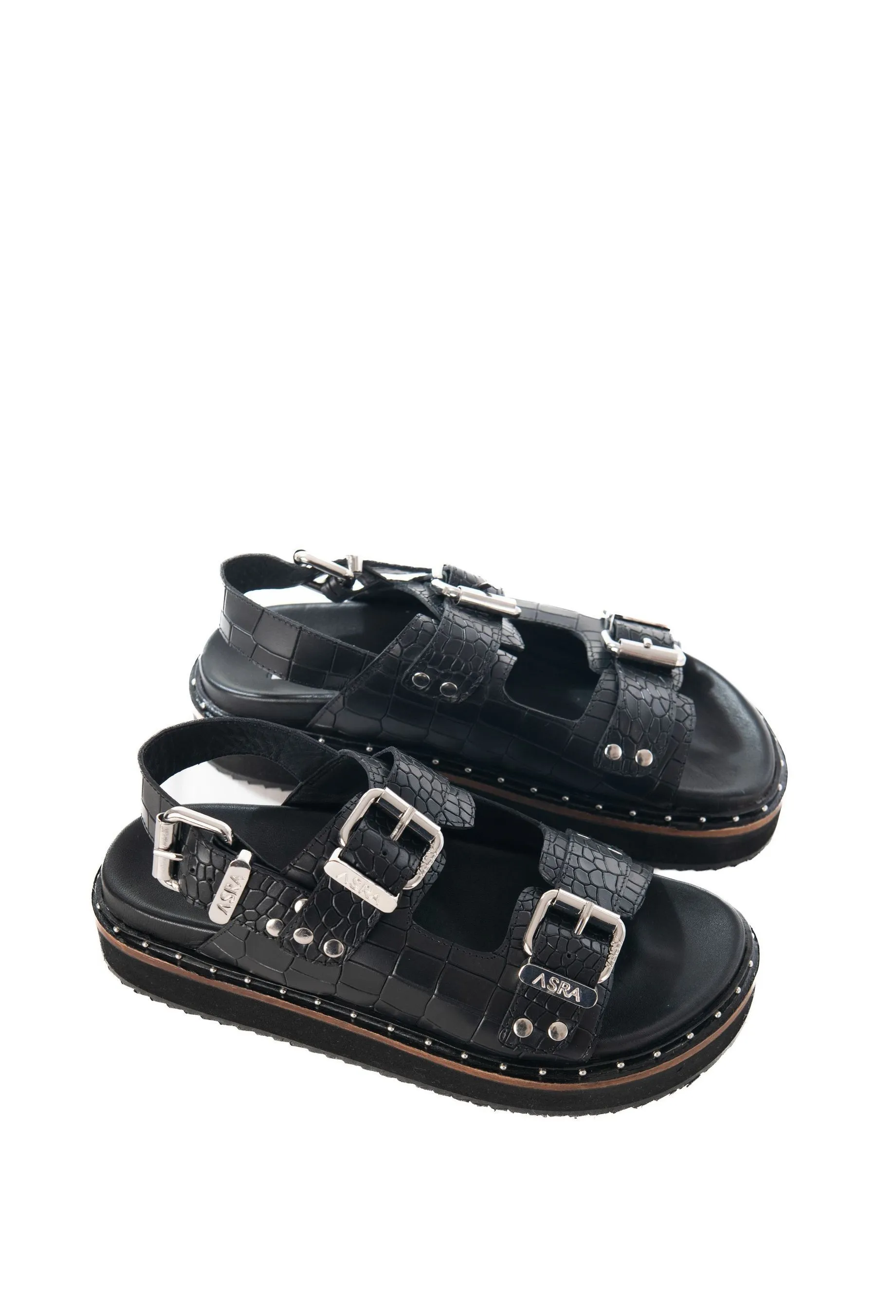 ASRA London - Sami - Nero in pelle effetto coccodrillo con borchie - Sandali