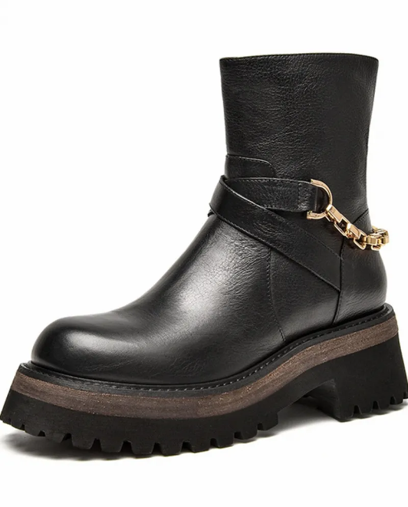 Beautoday Stivaletti Alla Caviglia Donna Pelle Di Vitello Punk Punta Rotonda Cerniera Posteriore Catena Di Metallo Decor Scarpe
