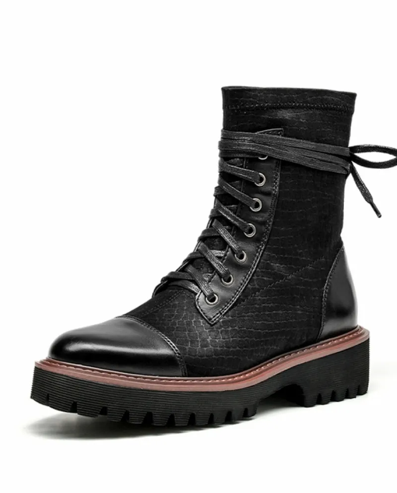 Beautoday Stivaletti con plateau Donna Tessuto elasticizzato Pelle di vitello Patchwork Laceup Scarpe da donna con suola spessa