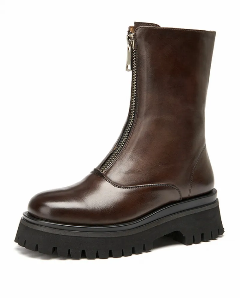 Beautoday Stivaletti Donna Pelle di Vitello Con Cerniera Punta Rotonda Piattaforma Suola Stile Punk Femminile Scarpe Grosse Fatt