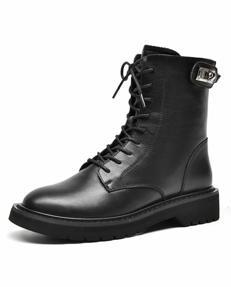 Beautoday Stivaletti Donna Vera Pelle di Mucca Stringata Posteriore Zip Bottone Decorazione Punta Rotonda Scarpe da Donna Invern