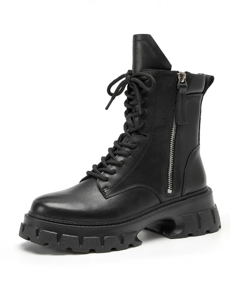 Beautoday Stivaletti Grossi Donne Pelle di Vitello Punta Rotonda Cerniera Laterale Lace Up Suola Spessa Frastagliata Scarpe Femm