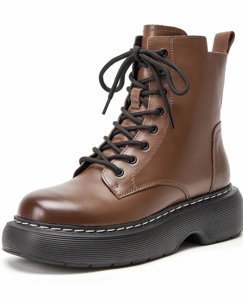 Beautoday Stivaletti Moto Donna Pelle di Mucca Piattaforma Cerniera Laterale Crosstied Pizzo Cucito Scarpe Femminili Fatte A Man