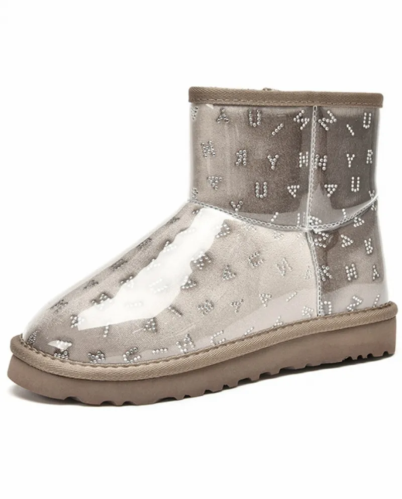 Beautoday Stivali da Neve Donna Stivaletti Alla Caviglia Trasparenti Punta Rotonda Strass Lettera Inverno Donna Scarpe di Pellic