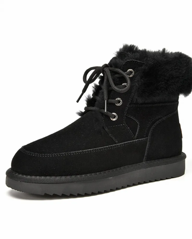 Beautoday Stivali da Neve Donna Stivaletti Stringati in Pelle Scamosciata Mucca Calda Lana Donna Inverno Pelliccia Scarpe Fatte
