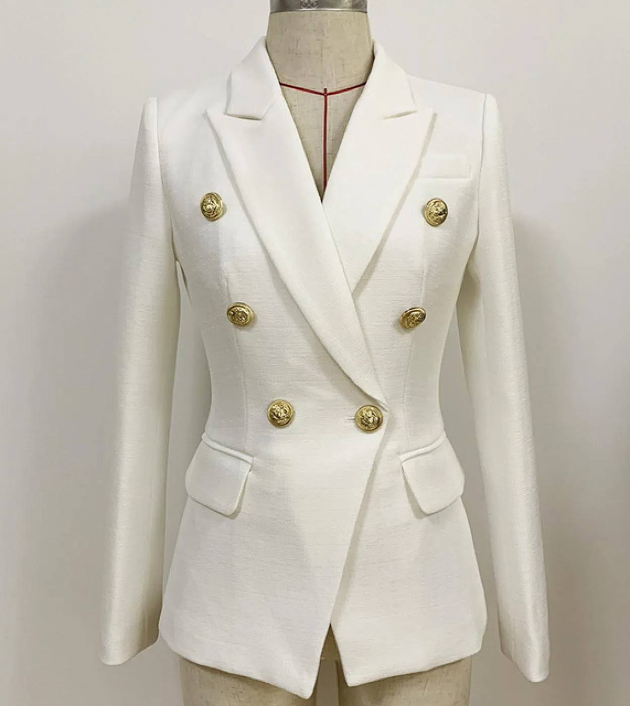 Blazer bianco e nero in lino di cotone Giacca da donna autunno doppiopetto con bottoni dorati Blazer da donna da ufficio di alta