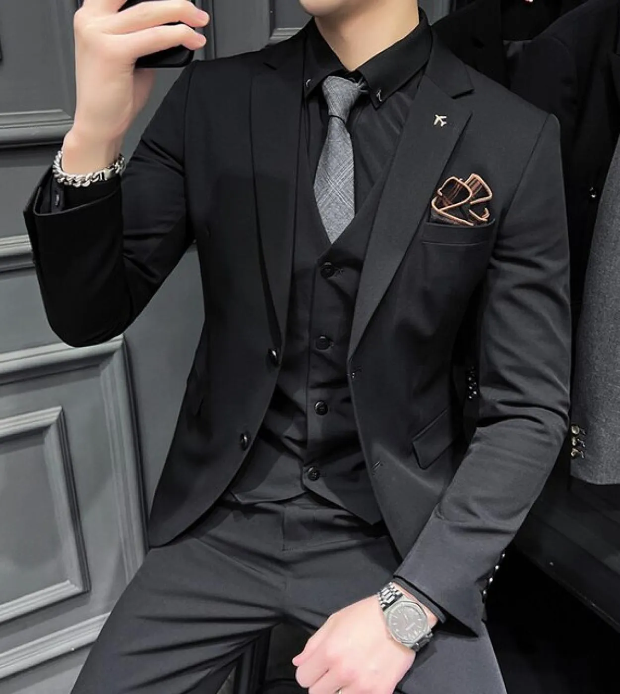 Blazer  gilet  pantaloni  Boutique Fashion Tinta unita Uomo Slim Casual Business Suit Tre pezzi Set Sposo Matrimonio Dre