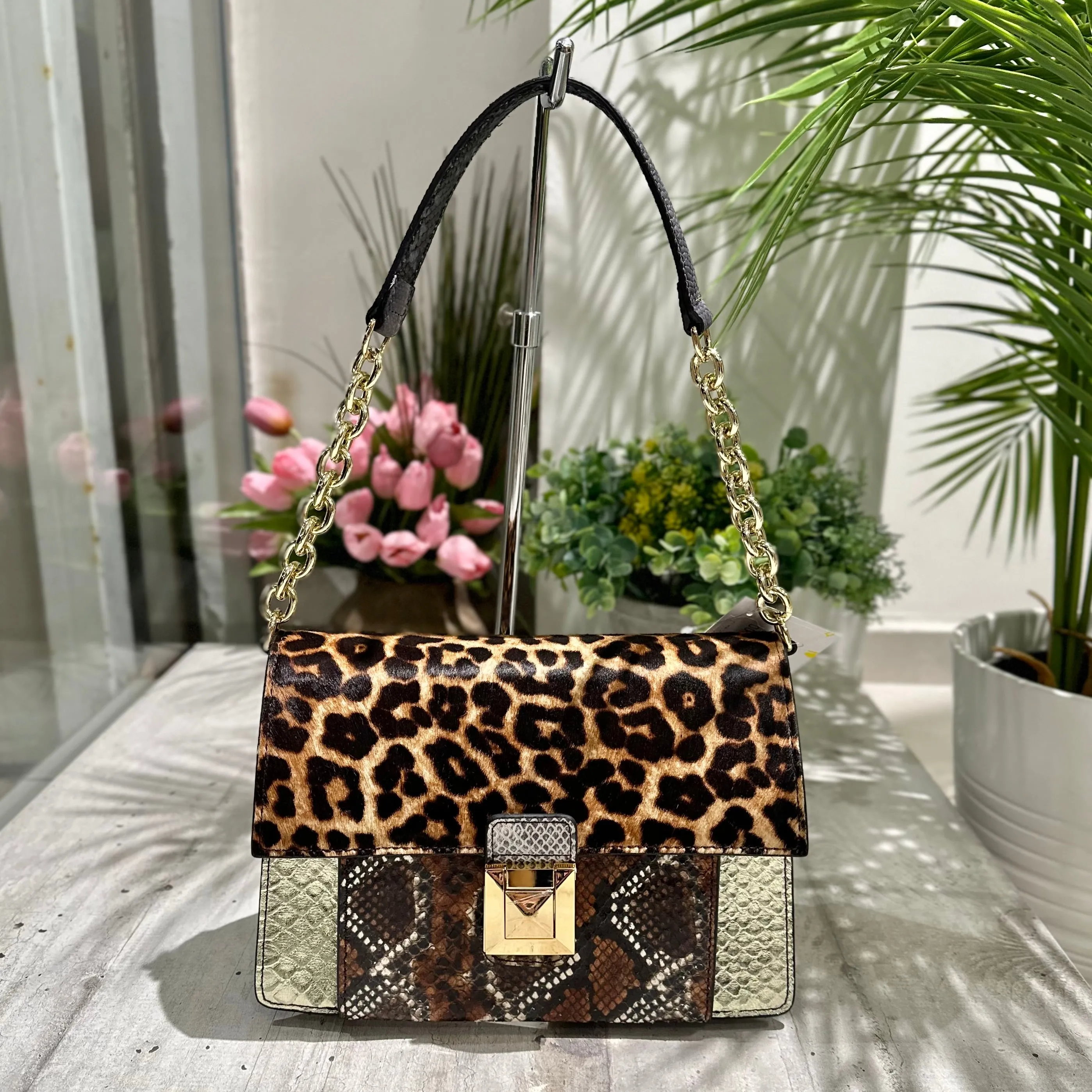 Borsa Patchwork Cartella Gold in Pelle con Catena a Spalla e Tracolla Regolabile Cavallino