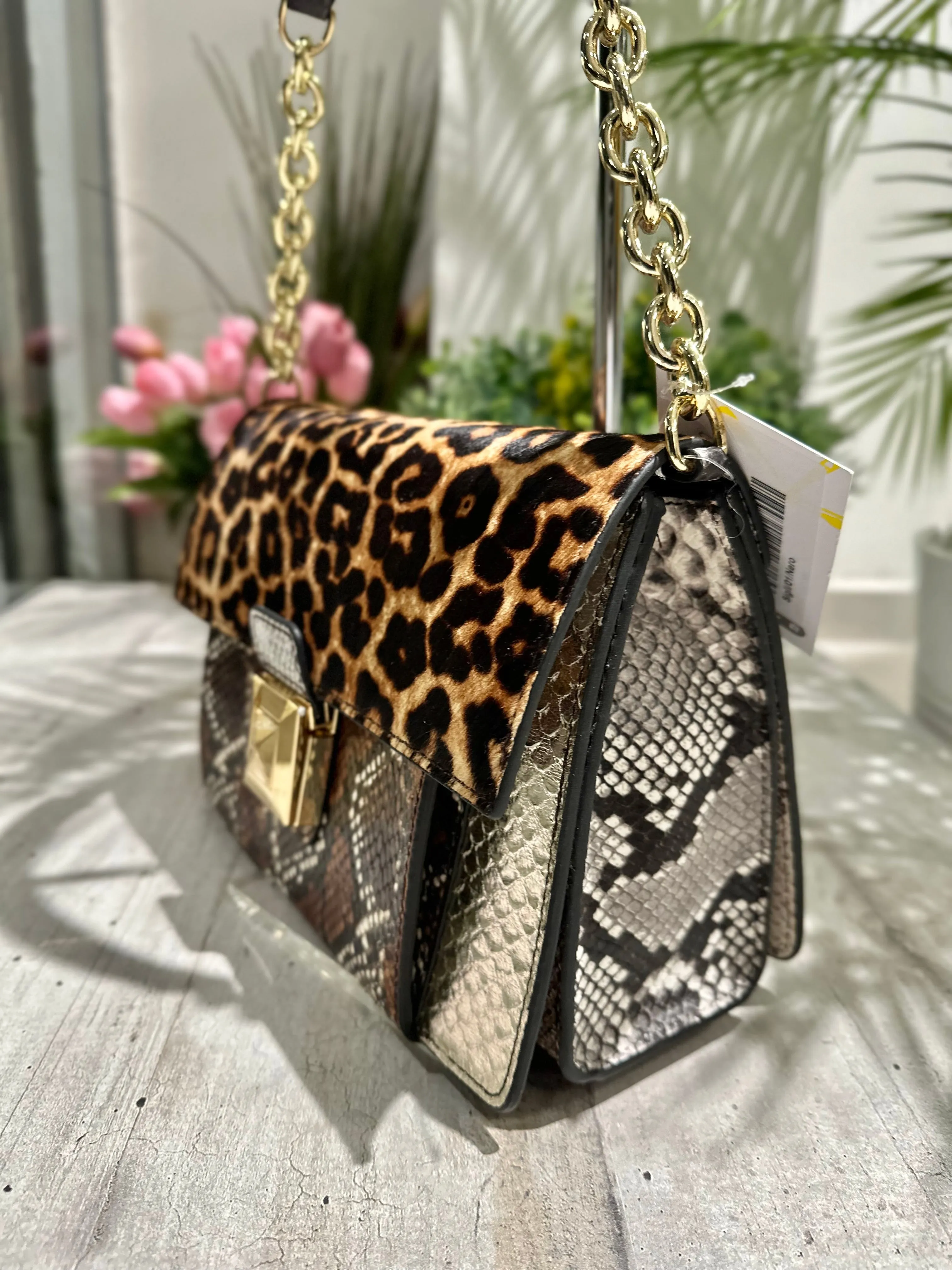 Borsa Patchwork Cartella Gold in Pelle con Catena a Spalla e Tracolla Regolabile Cavallino
