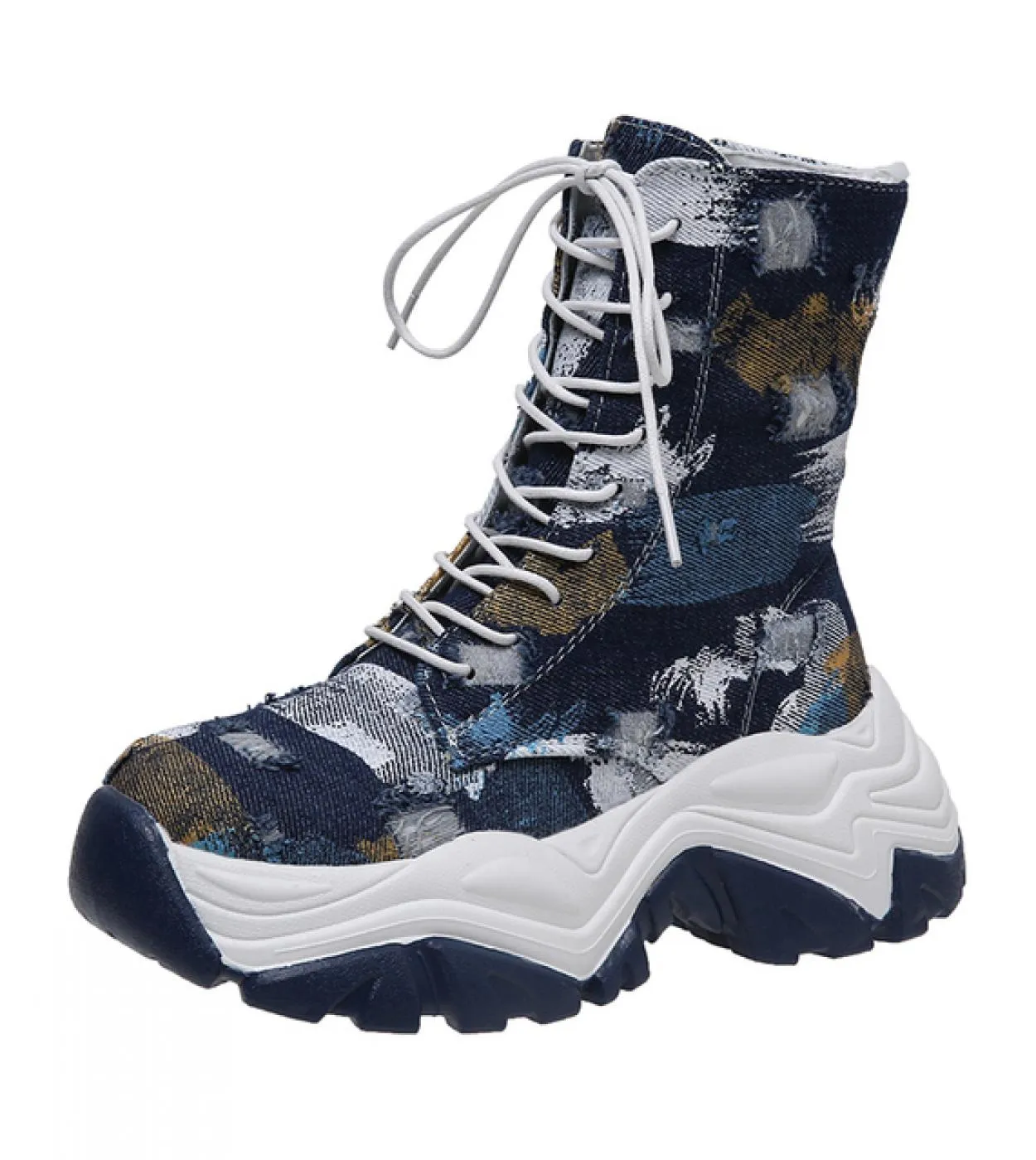 Brand New Ins Hot Camouflage Colore Misto Moda Casual Piattaforma Tacchi Grossi Stivaletti di Tela Scarpe Donna 2022
