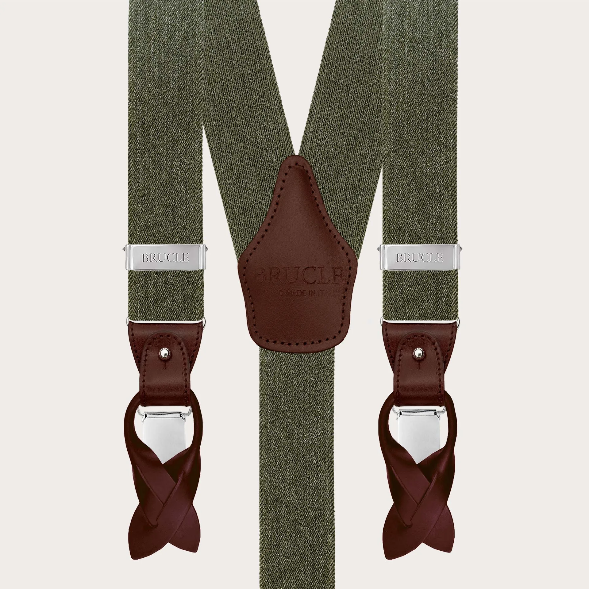 Bretelle elastiche verdi effetto jeans, uso bottoni o clip