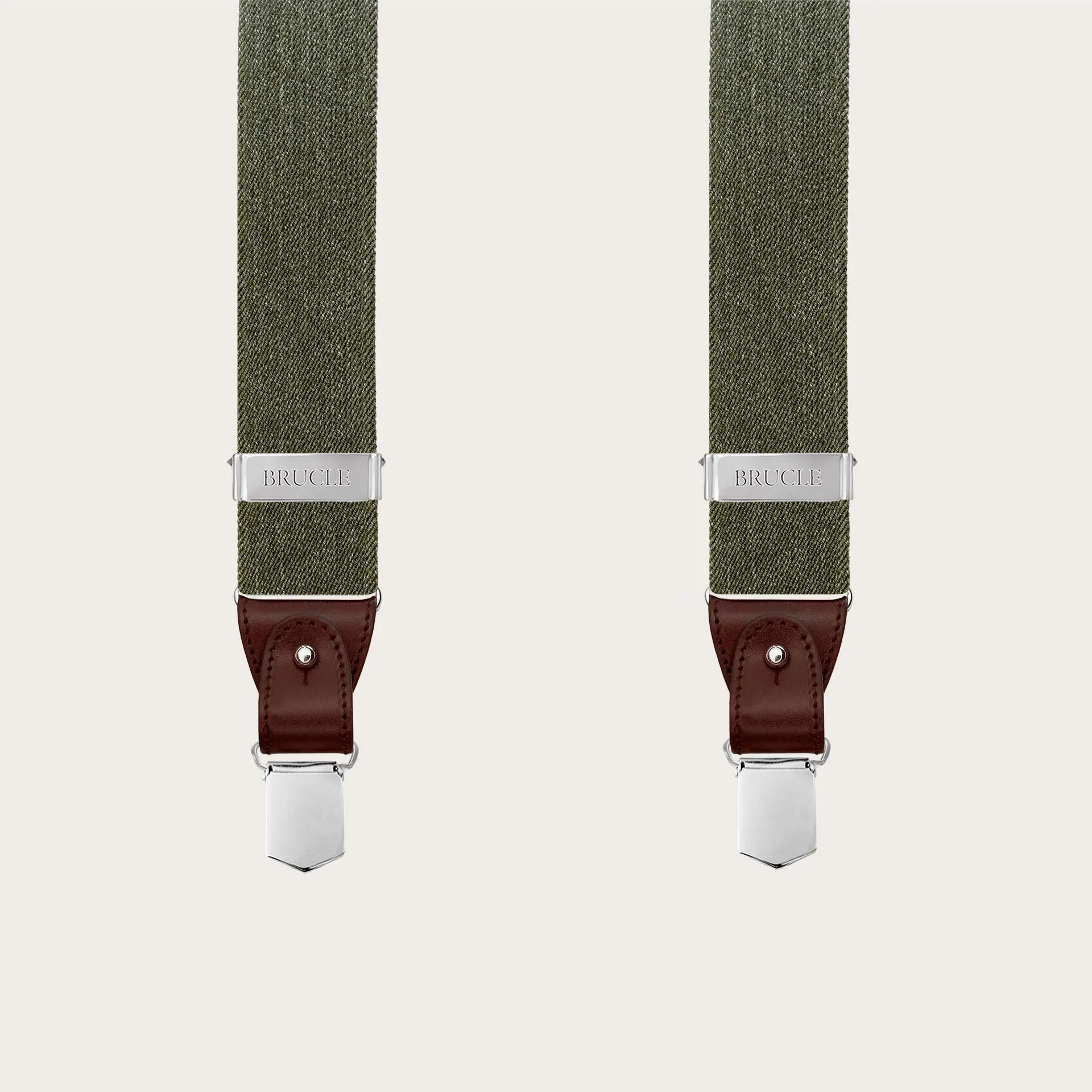 Bretelle elastiche verdi effetto jeans, uso bottoni o clip