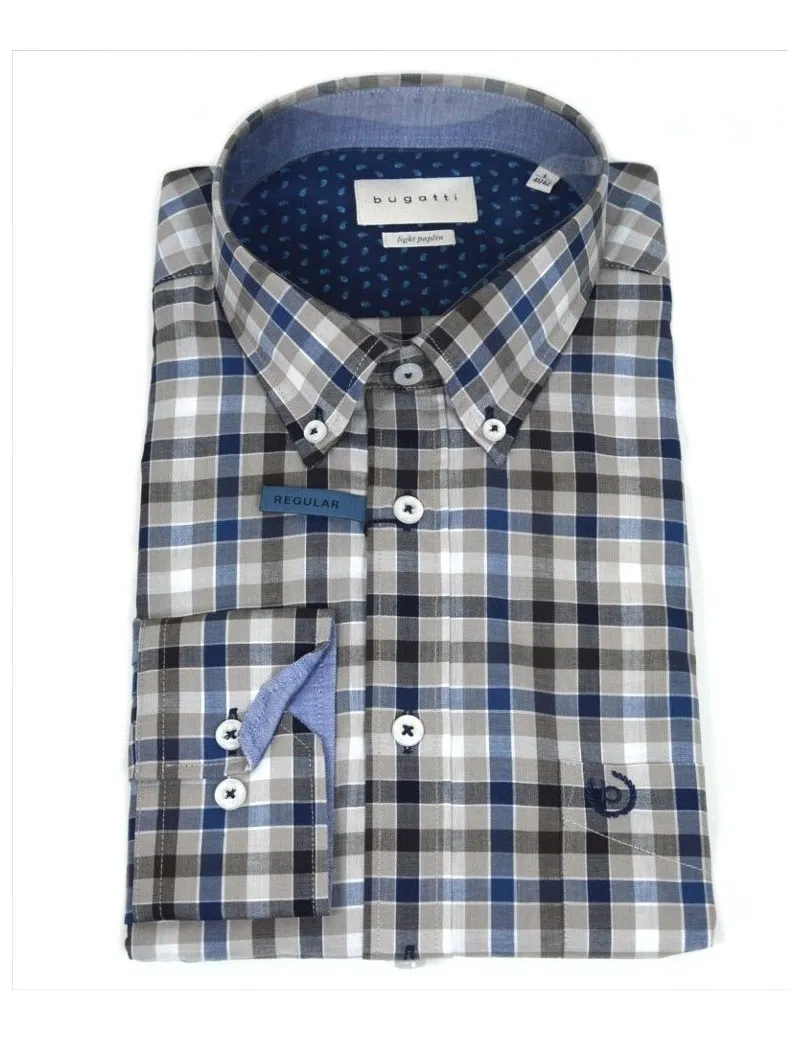 BUGATTI camicia uomo a scacchi  marrone bianca e blu cotone