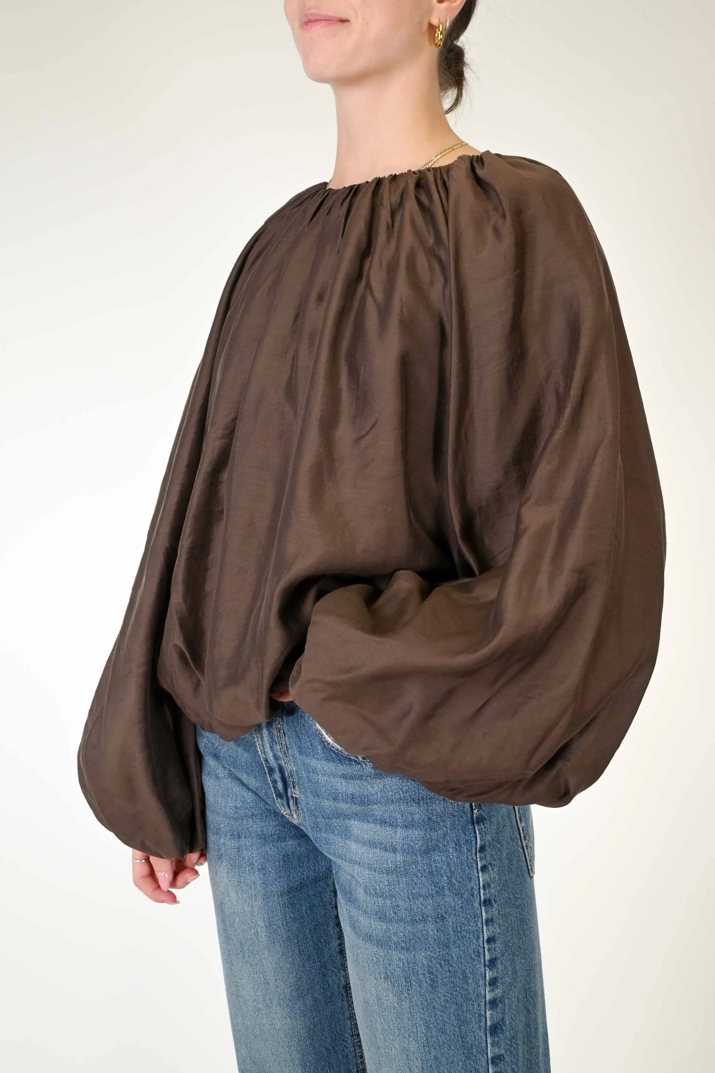 CAMICIA OVER IN TENCELL CON ARRICCIATURE CIOCCOLATO