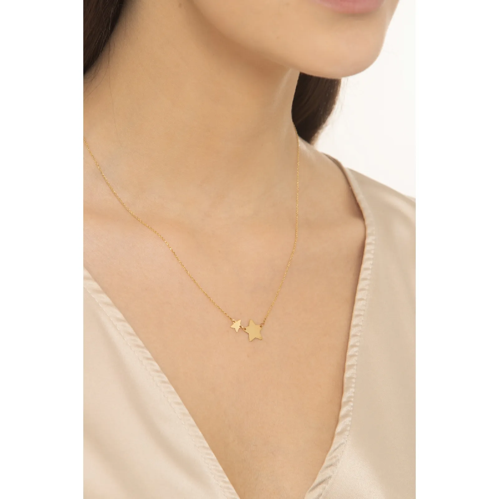 Collana in oro giallo 18k con due stelline lucide, cm 41+3