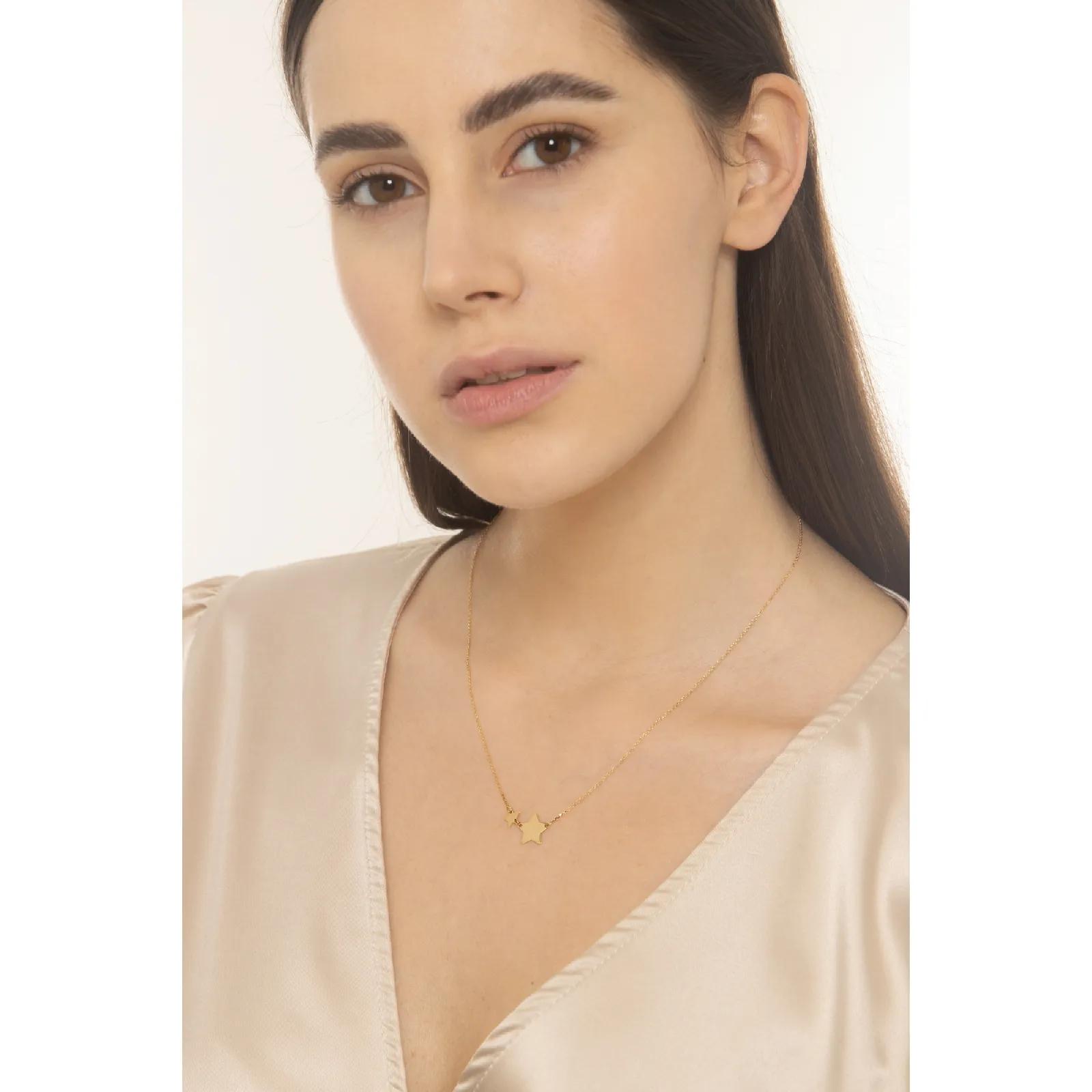 Collana in oro giallo 18k con due stelline lucide, cm 41+3