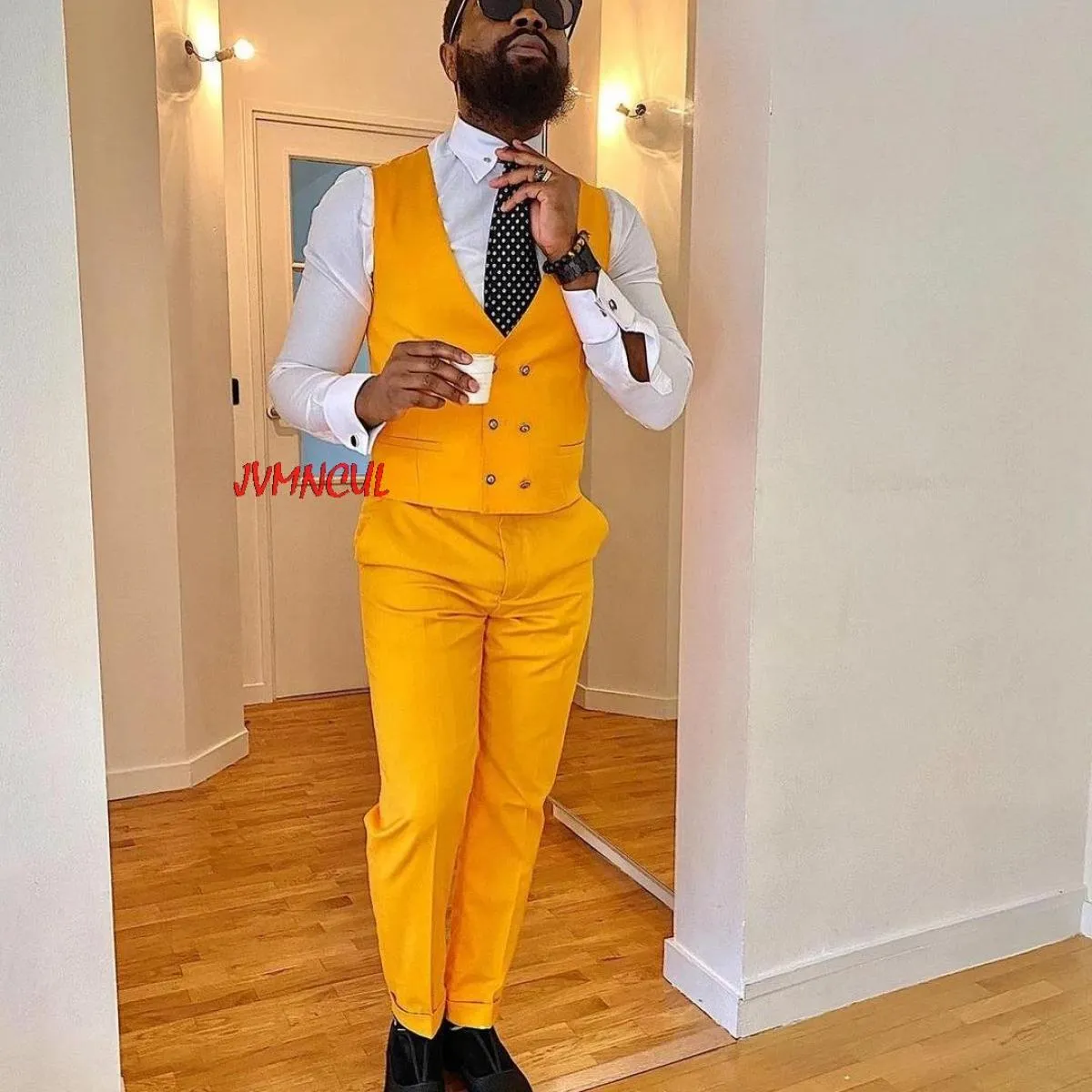 Costume Homme Giacca reale Giacca doppiopetto gialla Pantalone Smoking da sposo da sposa Terno Masculino Giacca da ballo slim fi