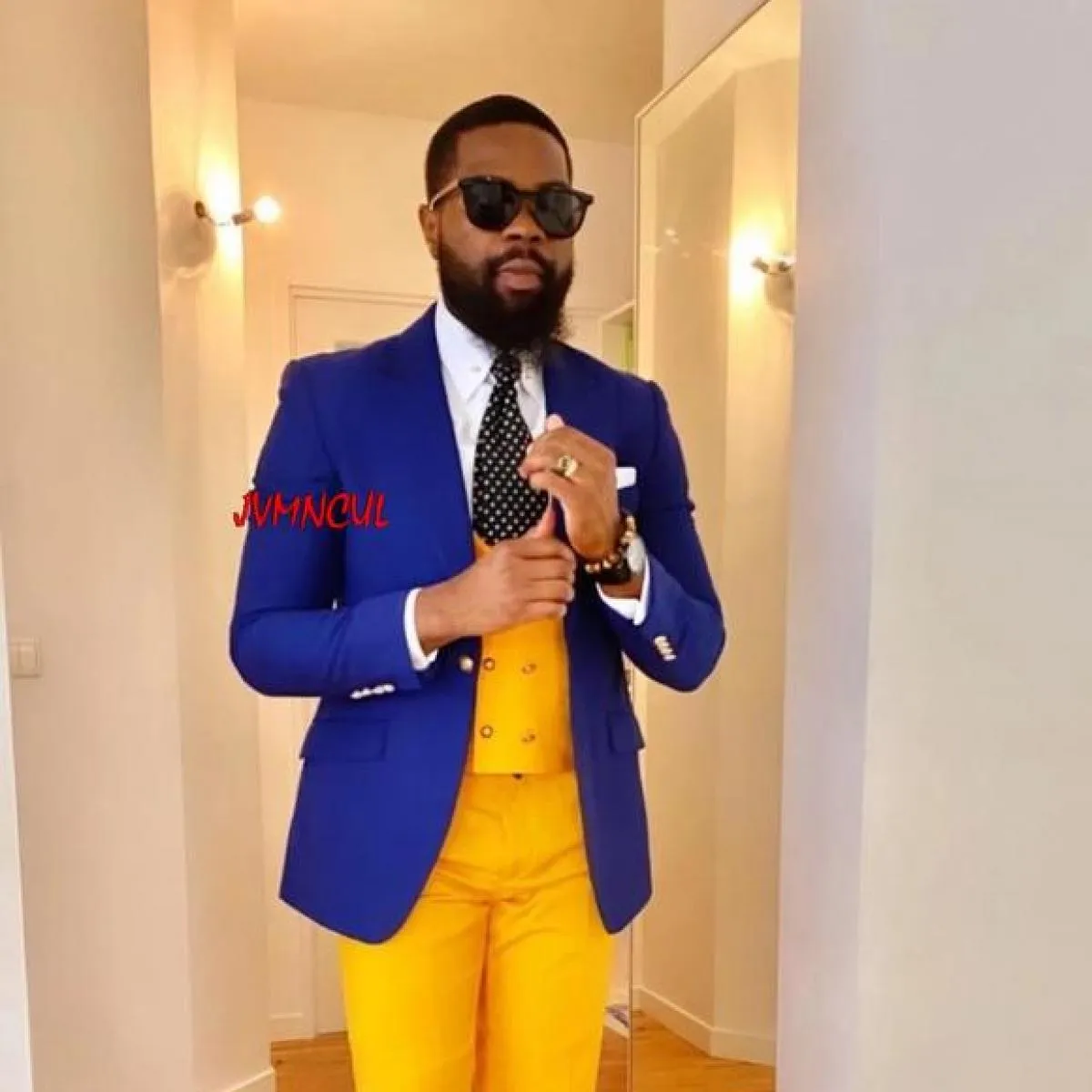 Costume Homme Giacca reale Giacca doppiopetto gialla Pantalone Smoking da sposo da sposa Terno Masculino Giacca da ballo slim fi