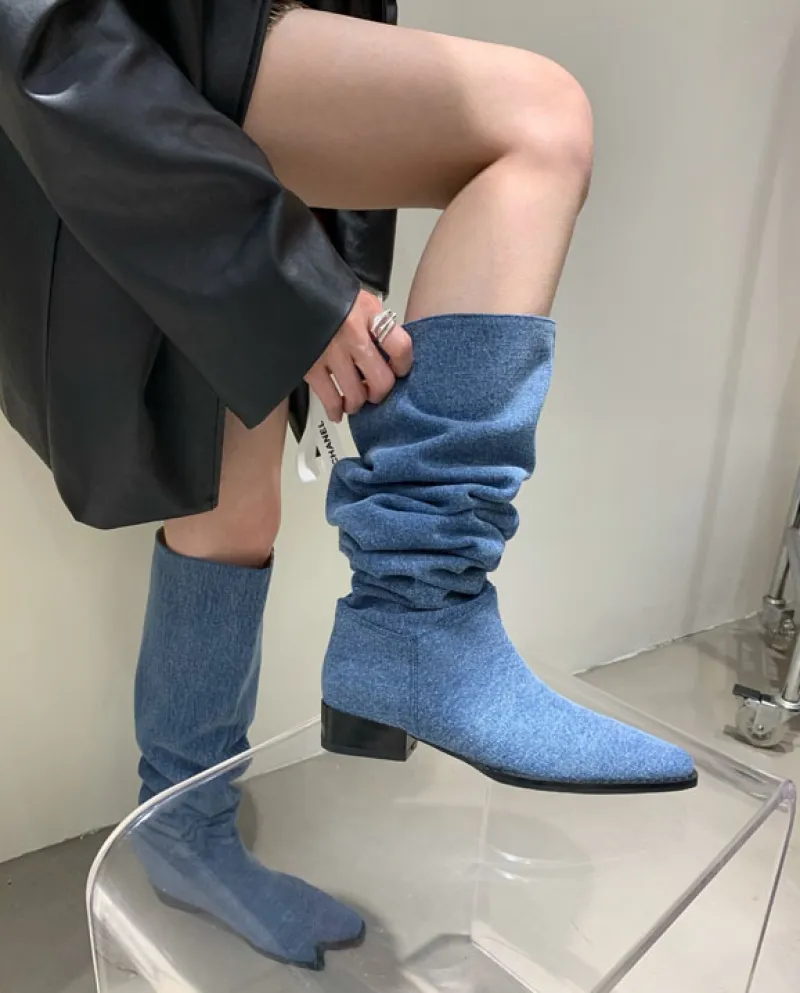 E stivali da ragazza calda Stivali da cowboy occidentali in denim Stivali grandi Stivali in pile Stivali sottili Stivali alti da