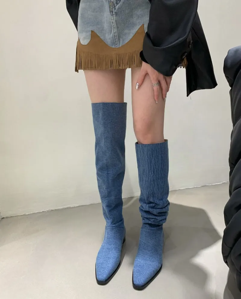 E stivali da ragazza calda Stivali da cowboy occidentali in denim Stivali grandi Stivali in pile Stivali sottili Stivali alti da