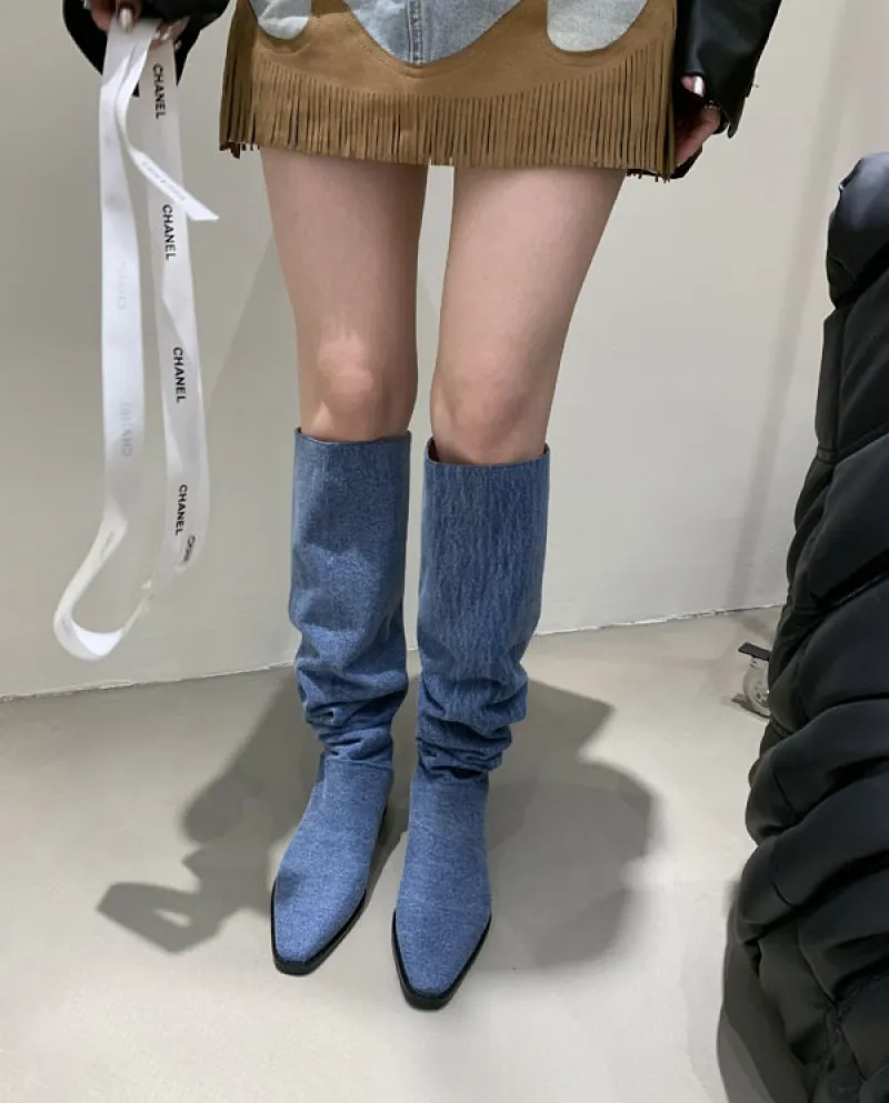 E stivali da ragazza calda Stivali da cowboy occidentali in denim Stivali grandi Stivali in pile Stivali sottili Stivali alti da