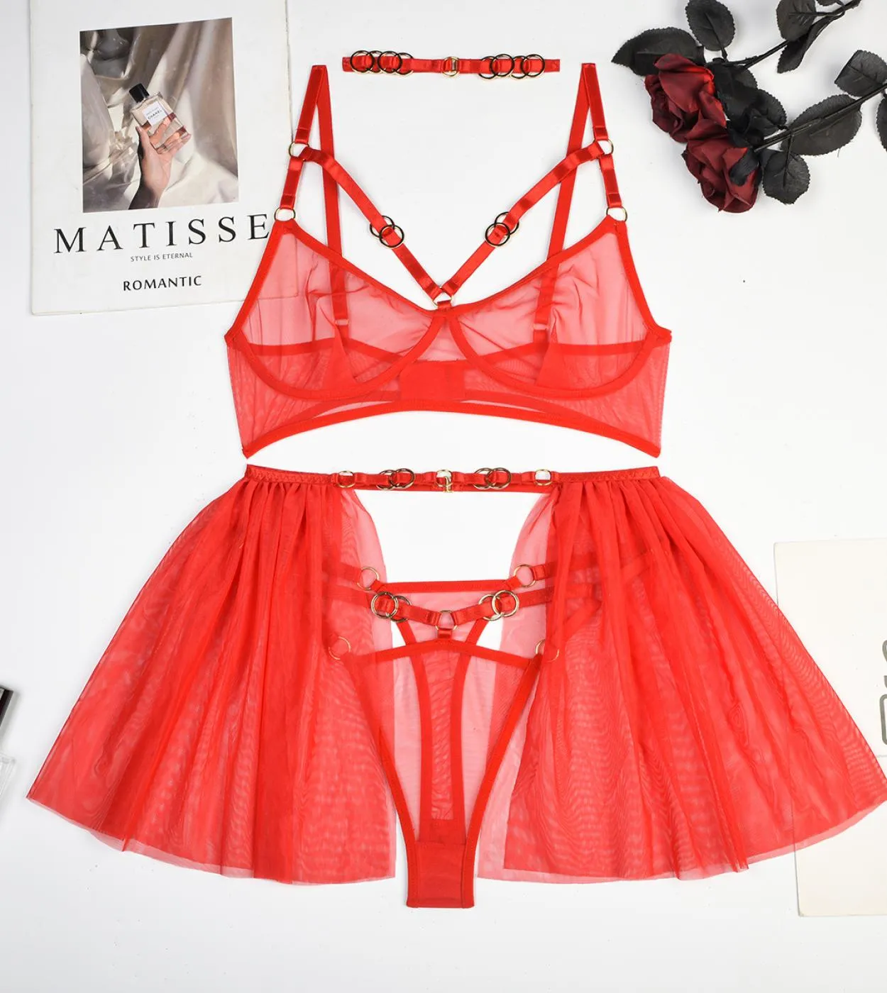 Ellolace San Valentino Lingerie Red Fancy Underwear Uncensored Lace Reggiseno trasparente Ruffle Giarrettiera Fetish Bilizna Int