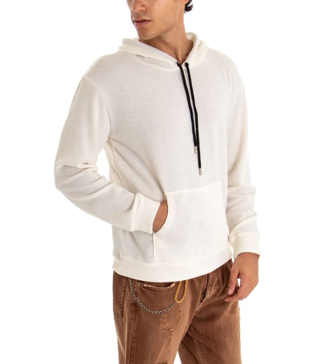 Felpa Uomo Con Cappuccio Maglia Velluto Costine Tinta Unita Bianco Regular Fit GIOSAL-F2670A