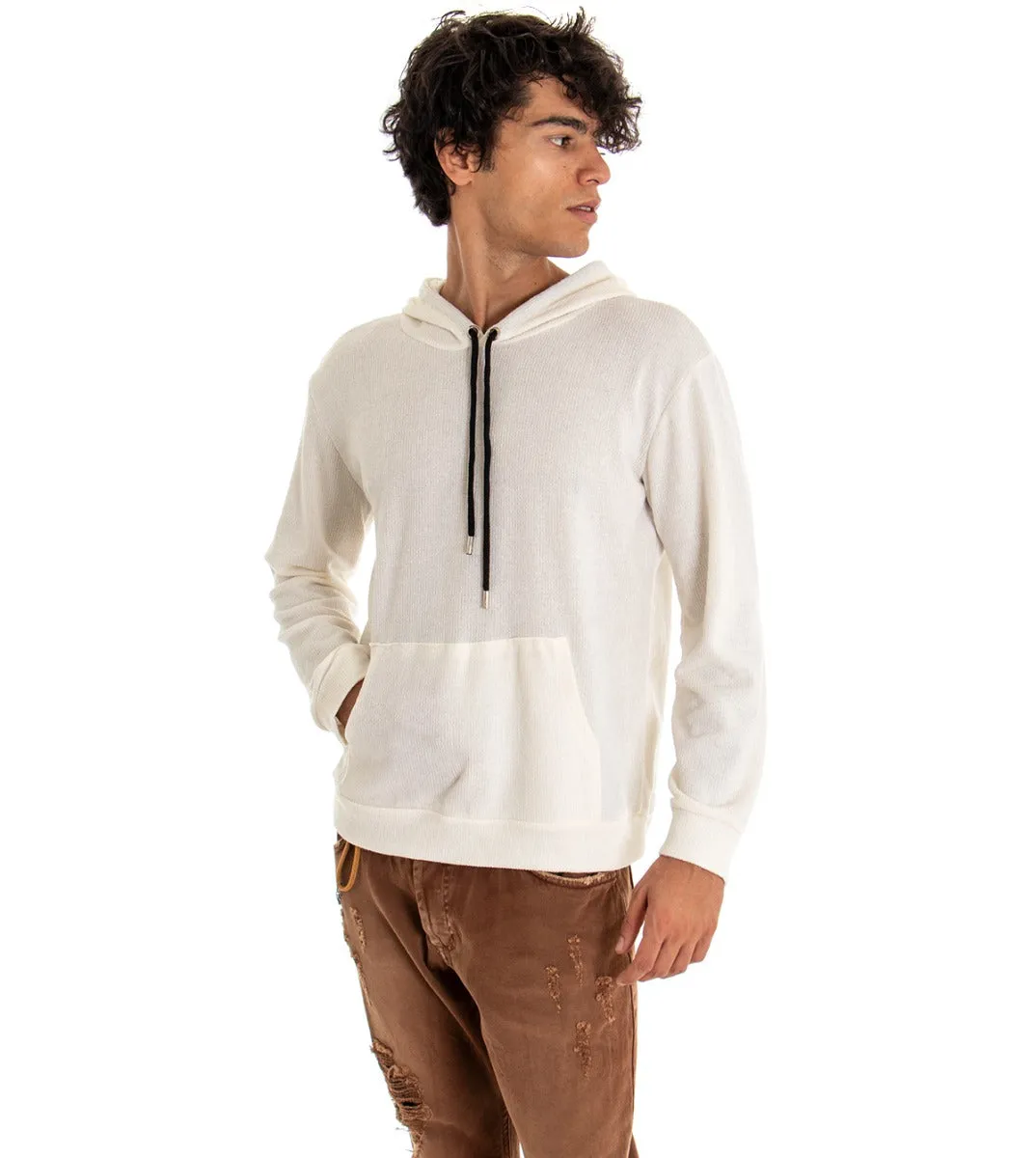 Felpa Uomo Con Cappuccio Maglia Velluto Costine Tinta Unita Bianco Regular Fit GIOSAL-F2670A
