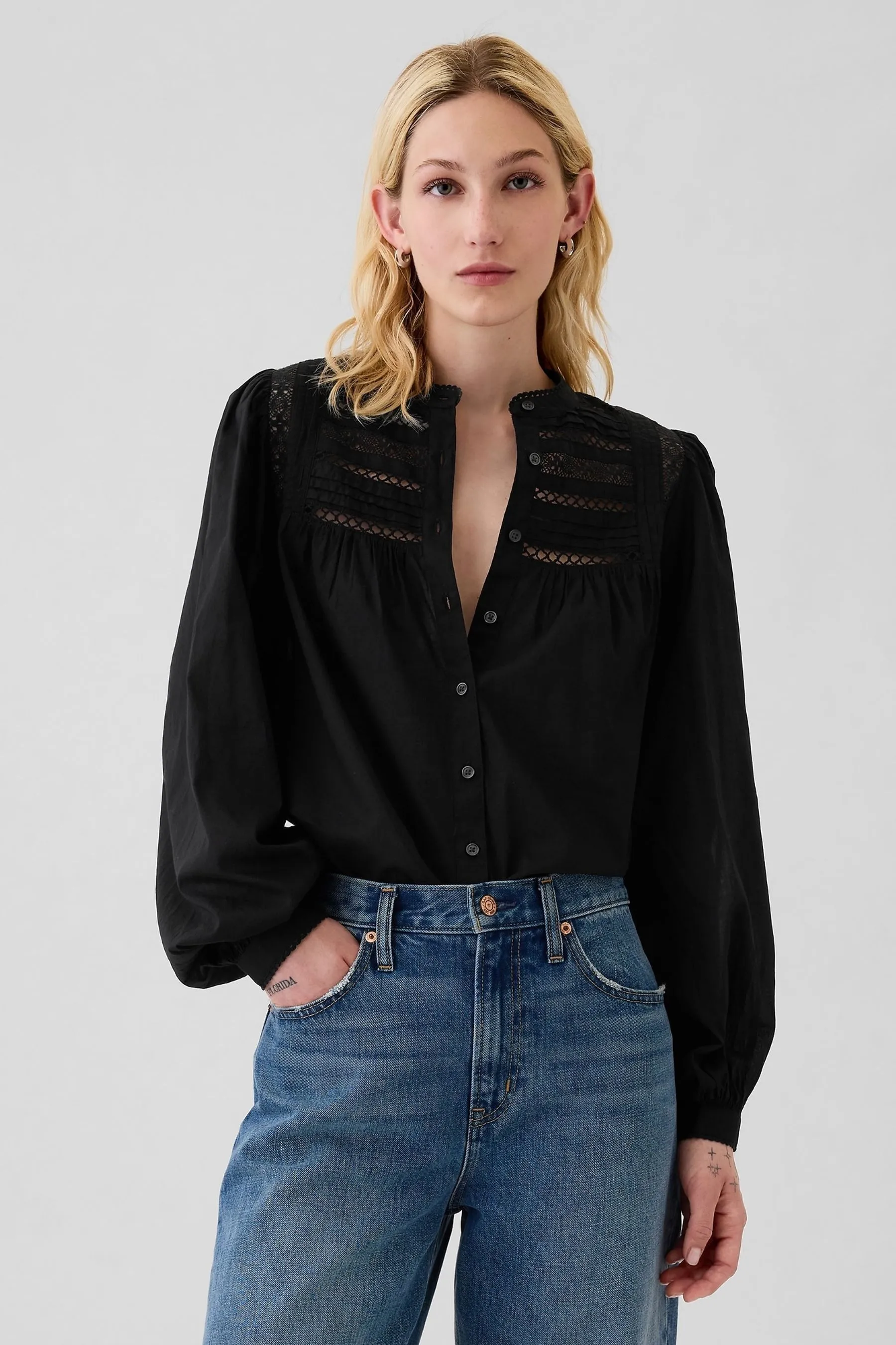 Gap Lace-Trim Long Sleeve Blouse    