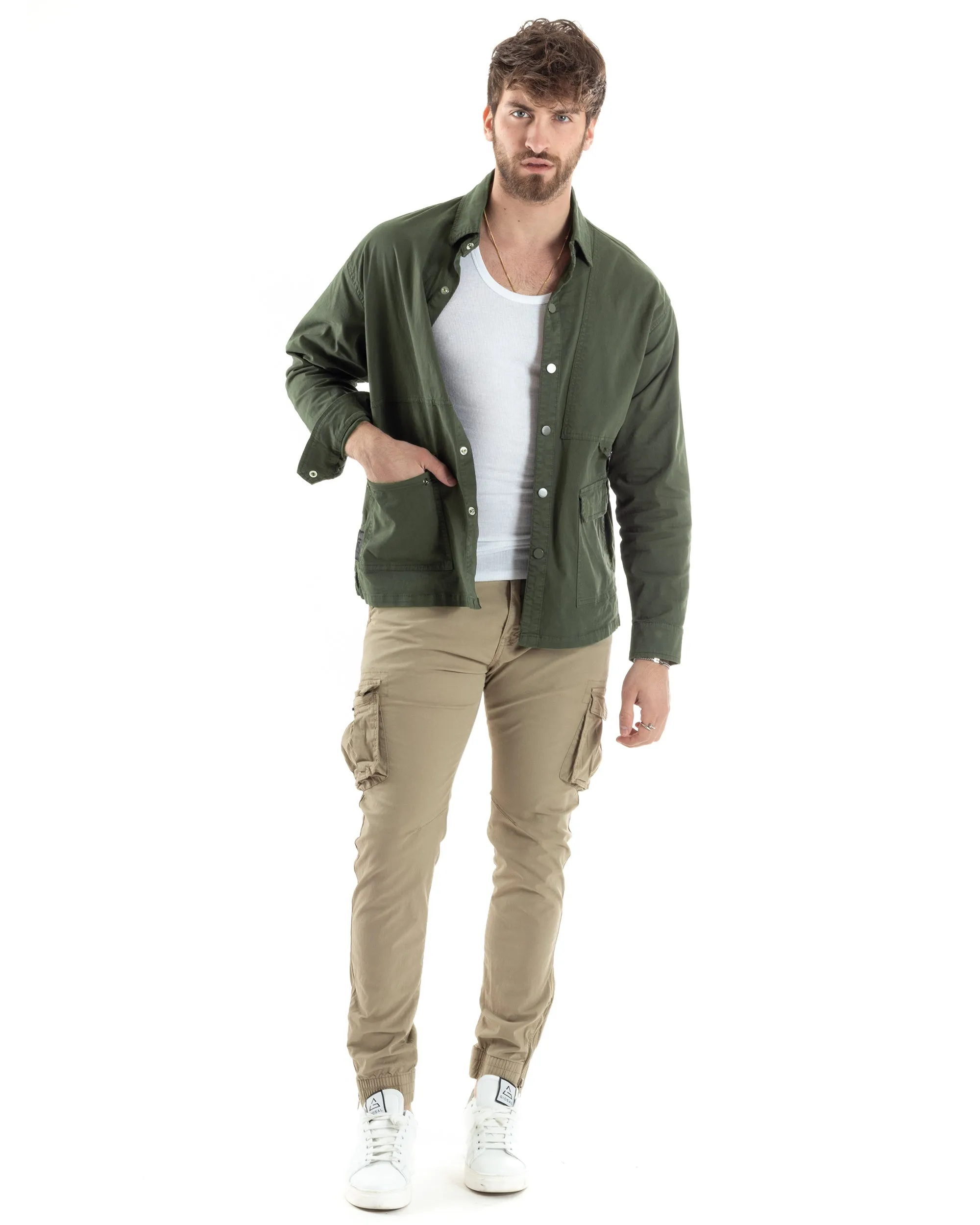 Giacca Utility Cargo Giubbotto Uomo Con Tasche Sahariana Con Colletto Carpenter Verde GIOSAL-G3176A