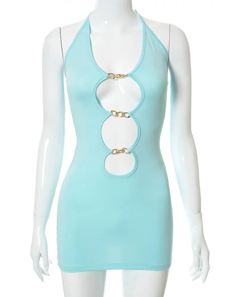 Halter Lace Up Mini Dress Party Club Outfit Solid Cut Out Anello di Metallo Cravatte Abiti Aderenti 2022 Estate Chic Harajuku Cl