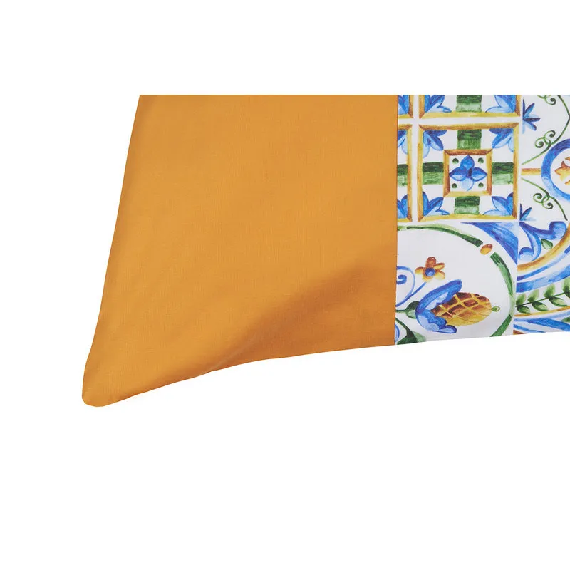 Ispirazione Sicilia Coppia di Federe Bifaccia Cotone 50x80 Maioliche Siciliane/Ocra