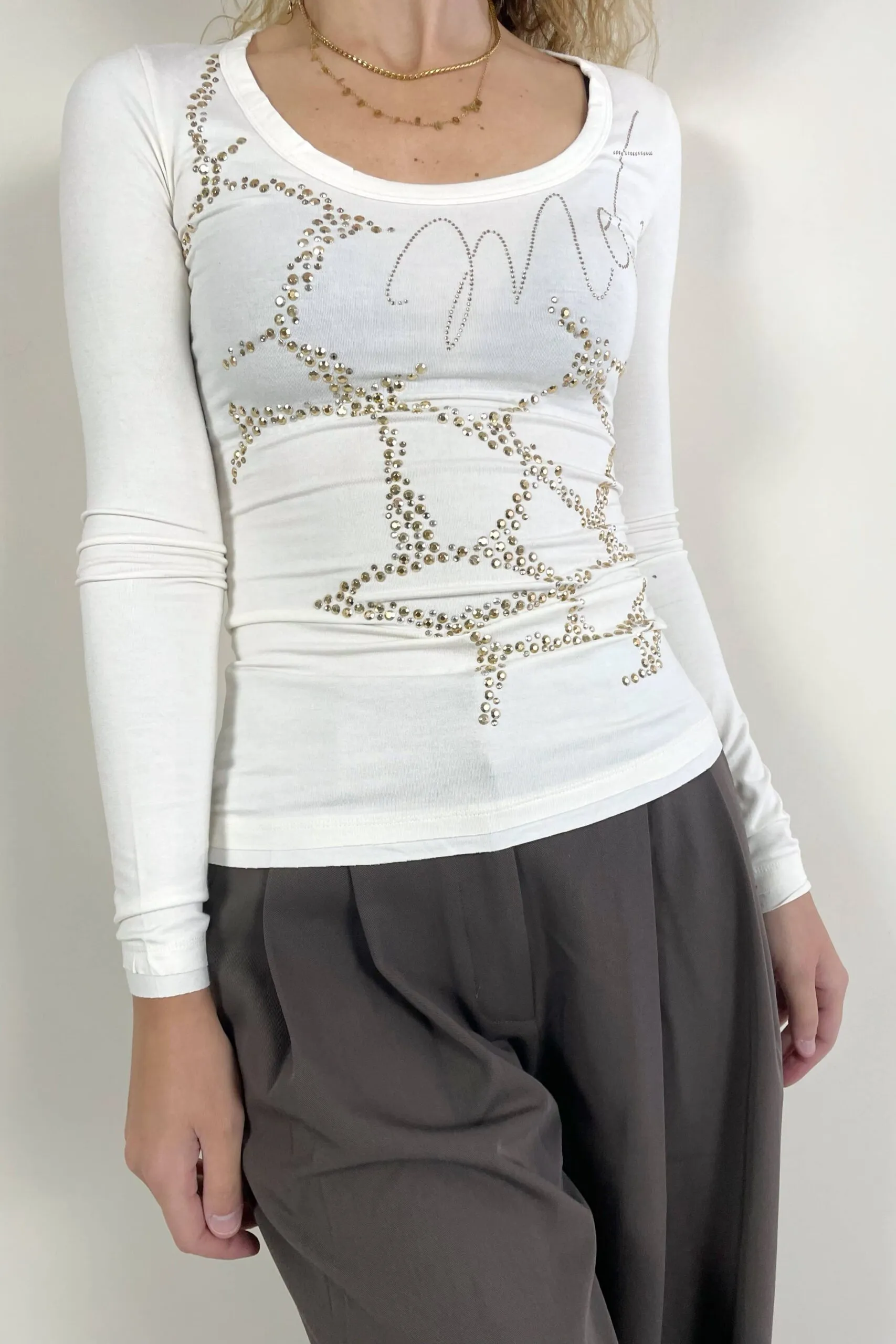 Maglia bianca strass oro | MET